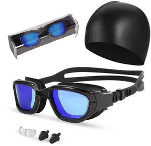 Swim Goggles, Goggles Adult with Swim Cap, Nose Clip & Ear Plugs, UV Protection Anti-Fog Lens and Case, for Adult (Blue & Black) Swim Goggles, Goggles Adult with Swim Cap, Nose Clip & Ear Plugs, UV Protection Anti-Fog Lens and Case, for Adult (Blue & Black)