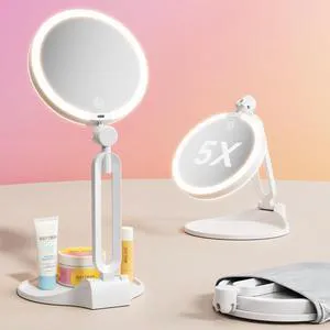 Travel Makeup Mirror with Lights 2026 New, 1X/5X Magnification Double Sided Lighted Mirror, 3 Color Lighting & Stepless Dimming, 2000mAh Foldable Portable Mirror for Desk & Travel Travel Makeup Mirror with Lights 2026 New, 1X/5X Magnification Double Sided Lighted Mirror, 3 Color Lighting & Stepless Dimming, 2000mAh Foldable Portable Mirror for Desk & Travel