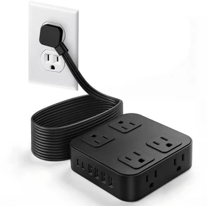 10FT Flat Extension Cord Surge Protector with Multiple Outlets, Black | Flat Power Strip 8 AC + 6 USB Ports(2 USB-C), 900J Protection, Wall Mount, Desk Charging Station for Home, School, Dorm Room 10FT Flat Extension Cord Surge Protector with Multiple Outlets, Black | Flat Power Strip 8 AC + 6 USB Ports(2 USB-C), 900J Protection, Wall Mount, Desk Charging Station for Home, School, Dorm Room