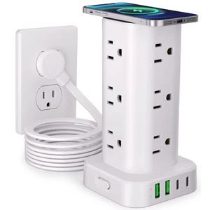 Power Strip Tower with Wireless Charger, Surge Protector with 12 Outlets | 10FT Extension Cord,15W Wireless Charging Power Tower with 4 USB Ports, Flat Plug,1800J Protection for Home Office Dorm,White Power Strip Tower with Wireless Charger, Surge Protector with 12 Outlets | 10FT Extension Cord,15W Wireless Charging Power Tower with 4 USB Ports, Flat Plug,1800J Protection for Home Office Dorm,White