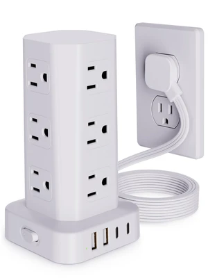 Power Strip Tower Surge Protector, 10FT Flat Plug Extension Cord with Multiple Outlets, 12 AC Outlets 4 USB (2 USB C), Desktop Charging Station with Surge Protection for Home Office Dorm Room, White Power Strip Tower Surge Protector, 10FT Flat Plug Extension Cord with Multiple Outlets, 12 AC Outlets 4 USB (2 USB C), Desktop Charging Station with Surge Protection for Home Office Dorm Room, White