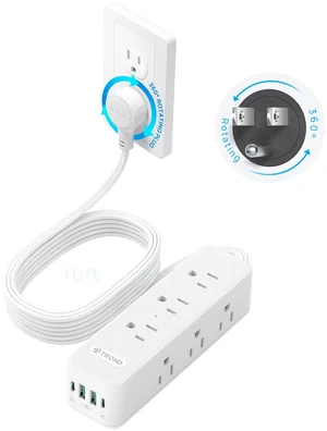 360° Rotating Flat Plug Power Strip 10ft with USB PD 20W, 9 AC, White | Flat Extension Cord Surge Protector 1300J, 1625W, Wall Mountable, for Home Office Travel Dorm Room Essentials 360° Rotating Flat Plug Power Strip 10ft with USB PD 20W, 9 AC, White | Flat Extension Cord Surge Protector 1300J, 1625W, Wall Mountable, for Home Office Travel Dorm Room Essentials