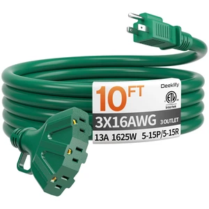 10FT 16 Gauge Green Outdoor Extension Cord with Multiple Outlets | 3 Outlet 10 Feet Green Extension Cord for Christmas light, Flexible Waterproof SJTW, Hook 13A 1625W, ETL Listed, Home/Garden 10FT 16 Gauge Green Outdoor Extension Cord with Multiple Outlets | 3 Outlet 10 Feet Green Extension Cord for Christmas light, Flexible Waterproof SJTW, Hook 13A 1625W, ETL Listed, Home/Garden