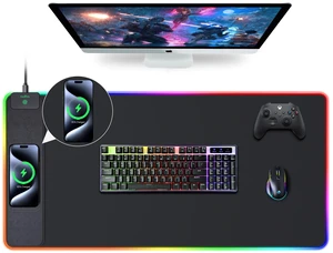 15W Wireless Charging RGB Mouse Pad, 31.5"x15.7", XXL Gaming Desk Mat | 15 Lighting Modes, Large Ultra-Smooth Surface, Non-Slip Rubber Base, Waterproof Computer Keyboard Pad for Desk, Office, Black 15W Wireless Charging RGB Mouse Pad, 31.5"x15.7", XXL Gaming Desk Mat | 15 Lighting Modes, Large Ultra-Smooth Surface, Non-Slip Rubber Base, Waterproof Computer Keyboard Pad for Desk, Office, Black