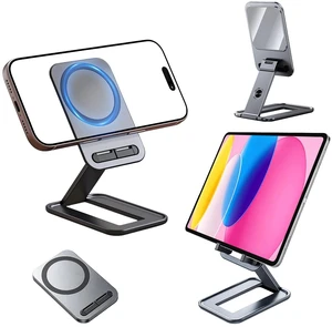 Ultra-Slim Magnetic Phone Holder Stand for Desk, Builtin Mirror | Pocket-Size, N55 MagSafe iPhone 17 18 Pro Max Duo Compatible, Aluminum Portable Phone Holder Tablet Mount for Office Travel