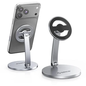 Magnetic Phone Stand for MagSafe, Aluminum Holder, 360° Rotation, PS1 | Foldable Phone Holder for iPhone 12-18, Duo, MagSafe Devices & Cases, 360° Rotation for Desk, Streaming & Video Calls, Silver