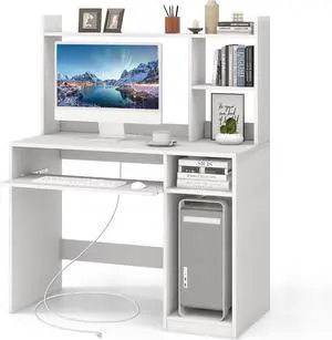 Computer Desk Hutch, Wood Home Office Desk Keyboard Tray, CPU Stand Power Outlet, Laptop PC Desk, Wr Computer Desk Hutch, Wood Home Office Desk Keyboard Tray, CPU Stand Power Outlet, Laptop PC Desk, Wr