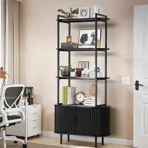 71 Tall Bookcase Storage Cabinet and Fluted Sliding Doors, 4-Tier Open Display Shelf Organizer, Blac 71 Tall Bookcase Storage Cabinet and Fluted Sliding Doors, 4-Tier Open Display Shelf Organizer, Blac