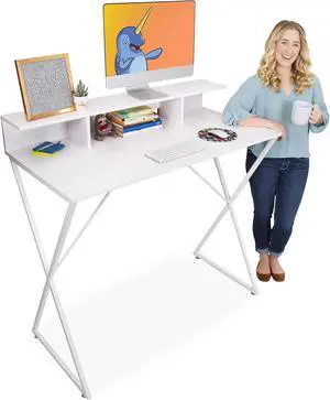 Standing Desk Shelf Built-in Storage Cubbies, Tall Desk Reception Table Home, Dorm Office (White, 48 Standing Desk Shelf Built-in Storage Cubbies, Tall Desk Reception Table Home, Dorm Office (White, 48