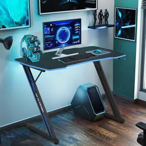 Z-Shaped Gaming Desk 47 inch Headphone Hook, Carbon Fiber Surface, Black Z-Shaped Gaming Desk 47 inch Headphone Hook, Carbon Fiber Surface, Black