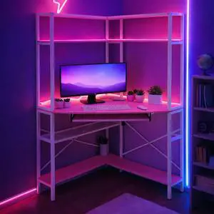 Corner Computer Desk Power Outlets, LED Light Strip, Storage Shelves Corner Computer Desk Power Outlets, LED Light Strip, Storage Shelves
