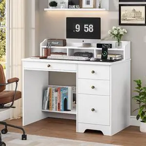Wood Executive Desk Drawers and Hutch Shelf, 43 Wide Tabletop, Writing Study Table Home Office Bedro Wood Executive Desk Drawers and Hutch Shelf, 43 Wide Tabletop, Writing Study Table Home Office Bedro