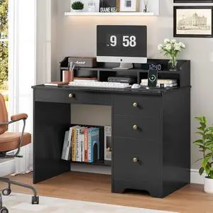 Wood Executive Desk Drawers and Hutch Shelf, 43 Wide Tabletop, Small Writing Study Table File Drawer Wood Executive Desk Drawers and Hutch Shelf, 43 Wide Tabletop, Small Writing Study Table File Drawer
