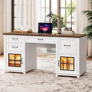 58 Executive Desk Drawers and File Cabinet, LED Light, Charging Station, White and Walnut Wooden Hom 58 Executive Desk Drawers and File Cabinet, LED Light, Charging Station, White and Walnut Wooden Hom