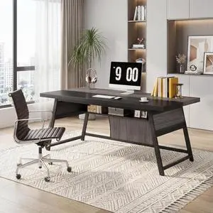 63-inch Executive Desk Storage Shelf, Metal Frame LED Light, Gray and Black 63-inch Executive Desk Storage Shelf, Metal Frame LED Light, Gray and Black