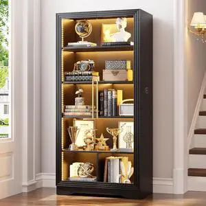 Display Cabinet Glass Doors and Adjustable Shelves, 65 Tall Bookcase LED Lights and Sensor, 5-Tier C Display Cabinet Glass Doors and Adjustable Shelves, 65 Tall Bookcase LED Lights and Sensor, 5-Tier C