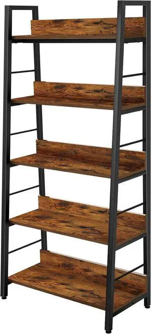 5 Tier Ladder Shelf Bookcase, Industrial Rustic Open Wood Metal Bookshelf, Rustic Brown Wooden Vinta 5 Tier Ladder Shelf Bookcase, Industrial Rustic Open Wood Metal Bookshelf, Rustic Brown Wooden Vinta