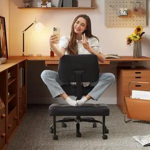 Cross Legged Office Chair with Wheels, Criss Cross Chair with Wider Thicken Seat, ADHD Meditation Chair with Adjustable Footstool for Adults, Yoga Office Chair, PU Black Cross Legged Office Chair with Wheels, Criss Cross Chair with Wider Thicken Seat, ADHD Meditation Chair with Adjustable Footstool for Adults, Yoga Office Chair, PU Black
