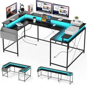 U-Shaped Table, Reversible L-Shaped Computer Gaming Table, Large Corner Table with LED Light Strip, Power Outlet, Monitor Stand, Storage Shelf for Home Office - Black Willow U-Shaped Table, Reversible L-Shaped Computer Gaming Table, Large Corner Table with LED Light Strip, Power Outlet, Monitor Stand, Storage Shelf for Home Office - Black Willow