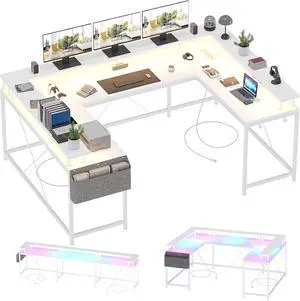 U-Shaped Table, Reversible L-Shaped Computer Gaming Table, Large Corner Table with LED Light Strip, Power Outlet, Monitor Stand, Storage Shelf for Home Office - White Willow U-Shaped Table, Reversible L-Shaped Computer Gaming Table, Large Corner Table with LED Light Strip, Power Outlet, Monitor Stand, Storage Shelf for Home Office - White Willow