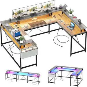 U-Shaped Table, Reversible L-Shaped Computer Gaming Table, Large Corner Table with LED Light Strip, Power Outlet, Monitor Stand, Storage Shelf for Home Office - Gray Oak U-Shaped Table, Reversible L-Shaped Computer Gaming Table, Large Corner Table with LED Light Strip, Power Outlet, Monitor Stand, Storage Shelf for Home Office - Gray Oak