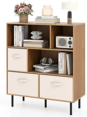6-Cube Bookcase, 3-Tier Wooden Storage Cabinet with 3 Removable Folding Fabric Drawers & 2 Anti-tip Devices, Open Freestanding Bookshelf Display Cabinet Organizer for Home Office (Natural) 6-Cube Bookcase, 3-Tier Wooden Storage Cabinet with 3 Removable Folding Fabric Drawers & 2 Anti-tip Devices, Open Freestanding Bookshelf Display Cabinet Organizer for Home Office (Natural)