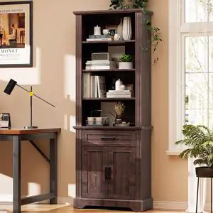4-Tier Open Bookshelf with Drawer, Freestanding Farmhouse Bookcase with Adjustable Shelves, 72" Tall Display Storage Shelves for Home, Office(Brown) 4-Tier Open Bookshelf with Drawer, Freestanding Farmhouse Bookcase with Adjustable Shelves, 72" Tall Display Storage Shelves for Home, Office(Brown)