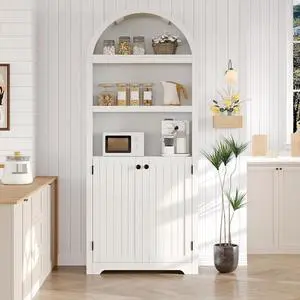 72" Tall Wood Arched Storage Cabinet 5-Shelf Kitchen Pantry Cabinet with Doors & Open Shelves, Versatile Standing Bookcase & Cupboard for Living Room, Dining Room, KitchenWhite + Black 72" Tall Wood Arched Storage Cabinet 5-Shelf Kitchen Pantry Cabinet with Doors & Open Shelves, Versatile Standing Bookcase & Cupboard for Living Room, Dining Room, KitchenWhite + Black