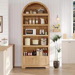 72" Arched Bookshelf with Storage Drawer, Modern 6-Tier Wood Display Cabinet with Open Shelves and Bottom Drawer, Curved Cabinet Door for Living Room, Dining Room, Kitchen (Natural/Gold) 72" Arched Bookshelf with Storage Drawer, Modern 6-Tier Wood Display Cabinet with Open Shelves and Bottom Drawer, Curved Cabinet Door for Living Room, Dining Room, Kitchen (Natural/Gold)
