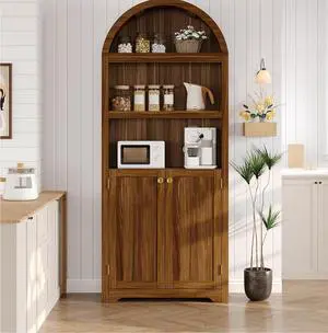 72" Tall Wood Arched Storage Cabinet 5-Shelf Kitchen Pantry Cabinet with Doors & Open Shelves, Versatile Standing Bookcase & Cupboard for Living Room, Dining Room, KitchenWalnut/Gold 72" Tall Wood Arched Storage Cabinet 5-Shelf Kitchen Pantry Cabinet with Doors & Open Shelves, Versatile Standing Bookcase & Cupboard for Living Room, Dining Room, KitchenWalnut/Gold