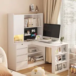 L Shaped Desk with Power Outlets & LED Lights, Computer Desk with Drawers & Bookshelf, Modern Corner Desk for Home Office, Study Gaming Table Writing Workstation (White) L Shaped Desk with Power Outlets & LED Lights, Computer Desk with Drawers & Bookshelf, Modern Corner Desk for Home Office, Study Gaming Table Writing Workstation (White)