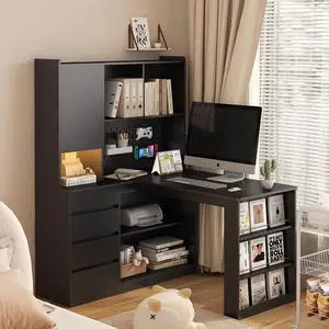L Shaped Desk with Power Outlets & LED Lights, Computer Desk with Drawers & Bookshelf, Modern Corner Desk for Home Office, Study Gaming Table Writing Workstation (Black) L Shaped Desk with Power Outlets & LED Lights, Computer Desk with Drawers & Bookshelf, Modern Corner Desk for Home Office, Study Gaming Table Writing Workstation (Black)