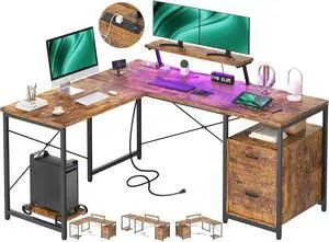 L-Shaped Desk with Power Outlet and LED Strip, 63 L Shaped Computer Corner Desk with Reversible File Drawer and Monitor Stand, Gaming Table Writing Desk for Home Office Workstation, Rustic L-Shaped Desk with Power Outlet and LED Strip, 63 L Shaped Computer Corner Desk with Reversible File Drawer and Monitor Stand, Gaming Table Writing Desk for Home Office Workstation, Rustic