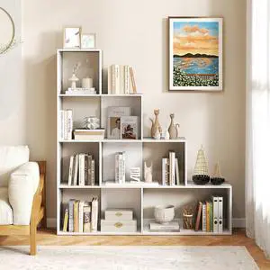 6 Cubes Bookshelf, L Shaped Ladder Corner Open Bookshelf, 4 Tier Stepped Etagere Bookcase, Wooden Geometric Display Shelf, 10 Shelves Storage Organizer for Living Room Home Office 6 Cubes Bookshelf, L Shaped Ladder Corner Open Bookshelf, 4 Tier Stepped Etagere Bookcase, Wooden Geometric Display Shelf, 10 Shelves Storage Organizer for Living Room Home Office