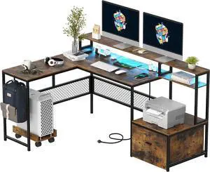 L Shaped Desk with Drawers, 66" Home Office Desk with Power Outlet and Led Strip, Reversible Computer Desk with Storage Shelves & Monitor Stand, Large Corner Desk Gaming Desk, Rustic Brown L Shaped Desk with Drawers, 66" Home Office Desk with Power Outlet and Led Strip, Reversible Computer Desk with Storage Shelves & Monitor Stand, Large Corner Desk Gaming Desk, Rustic Brown