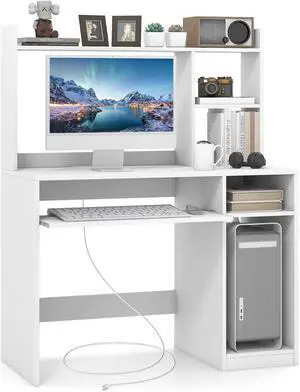 White Modern Large Computer Desk with Storage Shelf, Office Desk with Hutch, CPU Stand & Keyboard Tray, Home PC Desk with Bookshelf, for Bedroom, Study, Living Room White Modern Large Computer Desk with Storage Shelf, Office Desk with Hutch, CPU Stand & Keyboard Tray, Home PC Desk with Bookshelf, for Bedroom, Study, Living Room