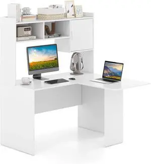 L-Shaped Desk with Open Storage Hutch, Corner Computer Desk with Shelves & Cabinet, Modern Writing Study Desk for Home Office, Laptop PC Desk Gaming Desk, White L-Shaped Desk with Open Storage Hutch, Corner Computer Desk with Shelves & Cabinet, Modern Writing Study Desk for Home Office, Laptop PC Desk Gaming Desk, White