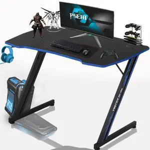 Computer Gaming Desk Z Shaped Ergonomic Gaming Table with Headphone Hook, Carbon FiberOffice Desk for Student/Teen Gamer, Gaming Workstation Black-blue, 39.4''W x 23.6''D x 29.5''H Computer Gaming Desk Z Shaped Ergonomic Gaming Table with Headphone Hook, Carbon FiberOffice Desk for Student/Teen Gamer, Gaming Workstation Black-blue, 39.4''W x 23.6''D x 29.5''H