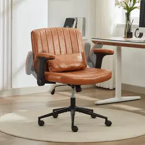Criss Cross Office Chair with Wheels and Adjustable Flip Arms, Extra Wide Cross Legged Desk Chair with Lumbar Pillow for Home Office, Bedroom, Apartment (PU Brown) Criss Cross Office Chair with Wheels and Adjustable Flip Arms, Extra Wide Cross Legged Desk Chair with Lumbar Pillow for Home Office, Bedroom, Apartment (PU Brown)