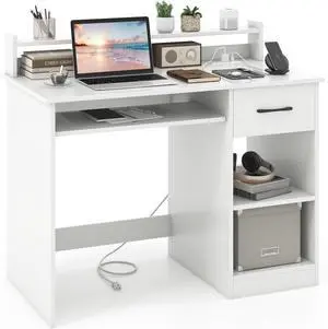 White Computer Desk with Charging Station, Type C Port, Modern Writing Desk with Drawer, Removable & Adjustable Shelf, Keyboard Tray, Home Office Laptop Desk with Hutch, for Bedroom, Study White Computer Desk with Charging Station, Type C Port, Modern Writing Desk with Drawer, Removable & Adjustable Shelf, Keyboard Tray, Home Office Laptop Desk with Hutch, for Bedroom, Study