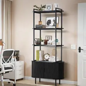 Bookshelf, 71" Tall Bookcase w/Storage Cabinet, Book Shelves Stand w/Fluted Sliding Doors, 4-Tier Open Display Shelf Organizer for Bedroom Living Room Home Office Bathroom (Black) Bookshelf, 71" Tall Bookcase w/Storage Cabinet, Book Shelves Stand w/Fluted Sliding Doors, 4-Tier Open Display Shelf Organizer for Bedroom Living Room Home Office Bathroom (Black)