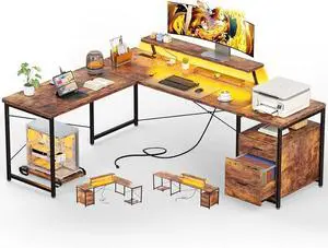 63 Inch L Shaped Desk with Power Outlets & LED Lights, Computer Corner Home Office Desk with File Drawer, Monitor Stand and Removable CPU Stand, Large Storage, Gaming, Writing, Rustic Brown 63 Inch L Shaped Desk with Power Outlets & LED Lights, Computer Corner Home Office Desk with File Drawer, Monitor Stand and Removable CPU Stand, Large Storage, Gaming, Writing, Rustic Brown