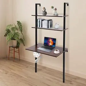 2-Shelf Wall Mount Desk, Laptop Desk with Shelves, Modern Computer Writing Table with Power Strip for Work Platform, Ladder Desk, Shelf Desk, Industrial Desk, 72 Inch Height, Brown, Black 2-Shelf Wall Mount Desk, Laptop Desk with Shelves, Modern Computer Writing Table with Power Strip for Work Platform, Ladder Desk, Shelf Desk, Industrial Desk, 72 Inch Height, Brown, Black