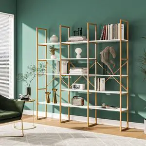 Gold Bookshelf Geometric Bookcase, 71" Tall Gold Shelves 5 Tiers Etagere Book Case, Sturdy Iron Frame, Freestanding Display Shelving Unit for Home, Office, Library, White and Gold Gold Bookshelf Geometric Bookcase, 71" Tall Gold Shelves 5 Tiers Etagere Book Case, Sturdy Iron Frame, Freestanding Display Shelving Unit for Home, Office, Library, White and Gold