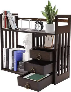 Bamboo Desk Book Shelf,Desktop Bookshelf Storage Rack Tabletop Standing Organizer Bookshelf with 3 Drawers,Freestanding Desk Bookcase for Home Dormitory Offices (Nut-Brown) Bamboo Desk Book Shelf,Desktop Bookshelf Storage Rack Tabletop Standing Organizer Bookshelf with 3 Drawers,Freestanding Desk Bookcase for Home Dormitory Offices (Nut-Brown)