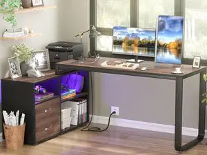L Shaped Desk with Drawers, 55" Corner Computer Desk with File Cabinet, L-Shaped Desk with Power Outlets &LED Lights, Large Reversible Desk with and Storage Shelves for Home Office, Espresso L Shaped Desk with Drawers, 55" Corner Computer Desk with File Cabinet, L-Shaped Desk with Power Outlets &LED Lights, Large Reversible Desk with and Storage Shelves for Home Office, Espresso
