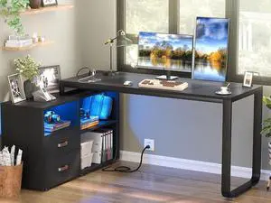 L Shaped Desk with Drawers, 55" Corner Computer Desk with File Cabinet, L-Shaped Desk with Power Outlets &LED Lights, Large Reversible Desk with and Storage Shelves for Home Office, Black L Shaped Desk with Drawers, 55" Corner Computer Desk with File Cabinet, L-Shaped Desk with Power Outlets &LED Lights, Large Reversible Desk with and Storage Shelves for Home Office, Black