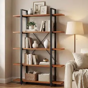 5 Tier Bookshelf, Open Vintage Industrial Style Bookshelves and Bookcase, Etagere Bookcase with Metal Frame for Home and Office Organizer 5 Tier Bookshelf, Open Vintage Industrial Style Bookshelves and Bookcase, Etagere Bookcase with Metal Frame for Home and Office Organizer