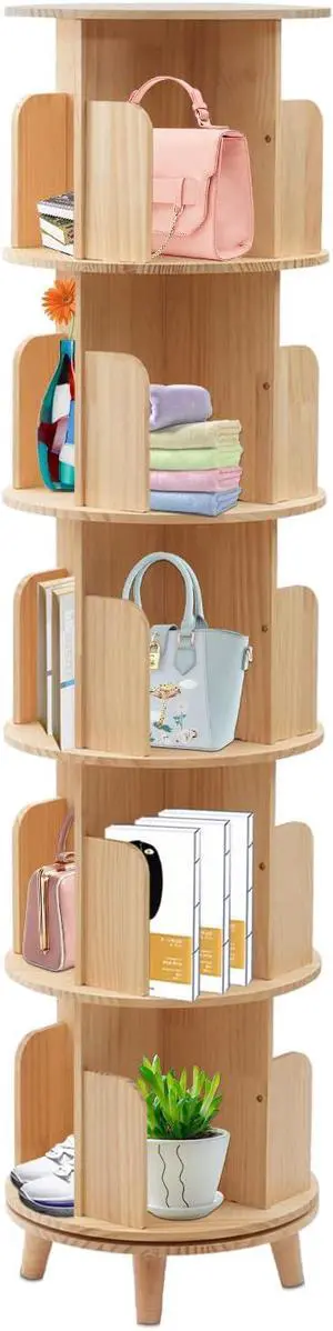 5 Tier 360 Rotating Bookshelf Brown with Legs, Wood Round Bookshelf, Swivel Bookcase, Multi-Functional Bookshelf Organizer, The Living Room Study and Office Display Stackable Bookcase 5 Tier 360 Rotating Bookshelf Brown with Legs, Wood Round Bookshelf, Swivel Bookcase, Multi-Functional Bookshelf Organizer, The Living Room Study and Office Display Stackable Bookcase
