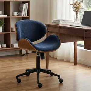 Home Office Chair with Rocking Function, Solid Wood Comfy Curved Desk Chair with Wheels, Height Adjustable Swivel Task Chairs, Chenille Blue, Modern Walnut Style Home Office Chair with Rocking Function, Solid Wood Comfy Curved Desk Chair with Wheels, Height Adjustable Swivel Task Chairs, Chenille Blue, Modern Walnut Style